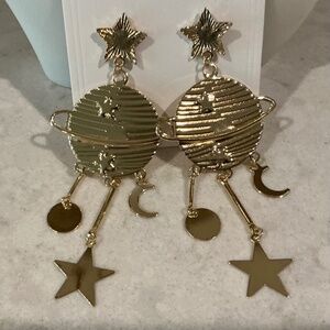 GOLD PLATE STAR MOON SATURN PLANET STUD EARRINGS.